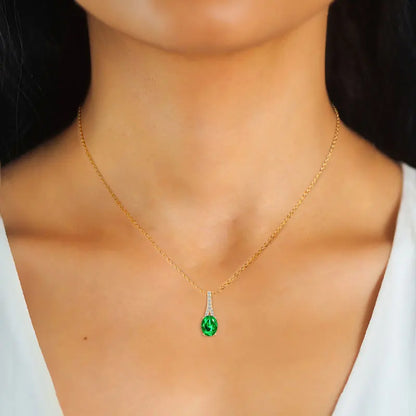 Vintage Round Oval Pear Cut Artificial Emerald Pendant Necklace 925 Silver Luxury Green Gemstone Waterdrop Bar Pendant for Women