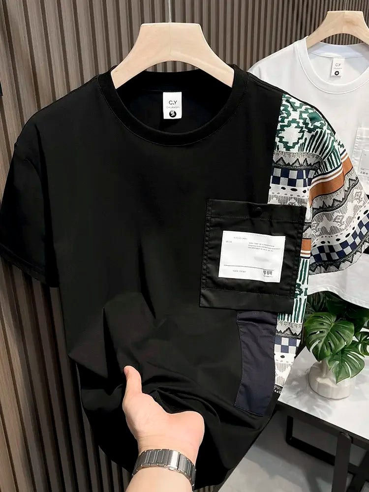 Embroidery T Shirt for Men Striped Man Tee Shirts Top Summer Chic Elastic Original Cheap Clothes Fashion Korean Popular Stylish