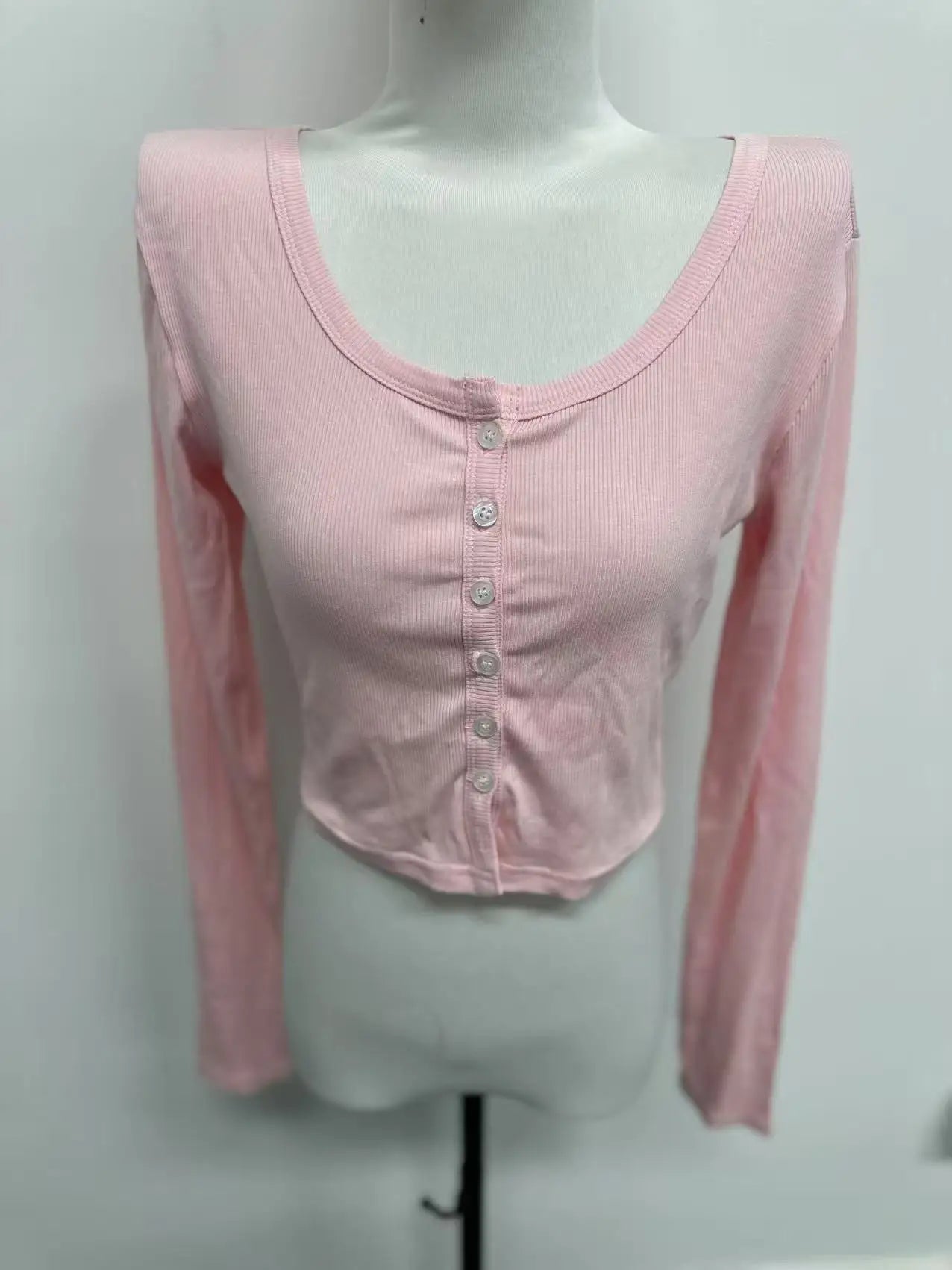 Single Breasted Tshirt Long Sleeve Crop Top Solid Color T Shirts For Women Streetwear Slim Fit Lady Outfit Camisetas Ropa Mujer