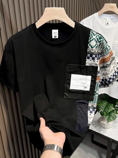 Embroidery T Shirt for Men Striped Man Tee Shirts Top Summer Chic Elastic Original Cheap Clothes Fashion Korean Popular Stylish