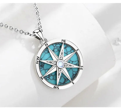 AEONSLOVE 925 Sterling Silver Compass Necklace for Women Men Vintage North Star Turquoise Pendant Nautical Jewelry Travel Gift