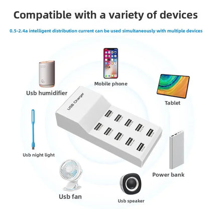 US/EU Smart 10-Port Fast-Charging USB Charger for Mobile Phones Flat Panel Home Office Power Station with Travel Usage Features