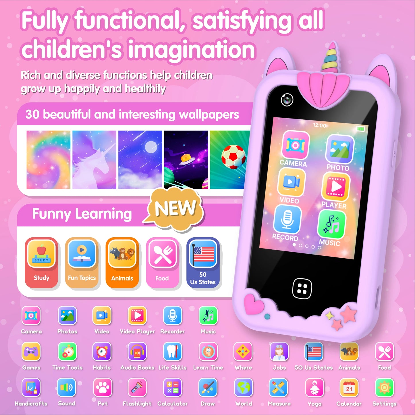Kids Smart Phone for Girls Boys Dual Camera Music Player 17 Games Toddler Learning Phone Kids Cell Phone Toys Birthday Gifts