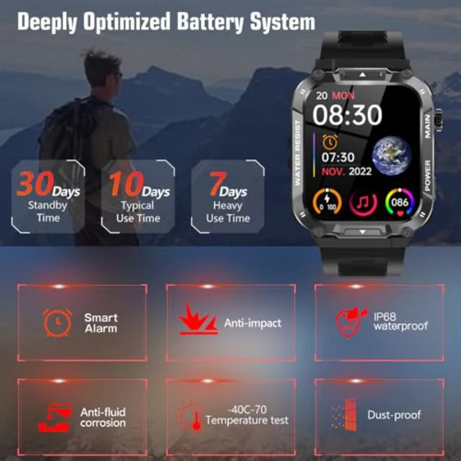 Military Smart Watch for Men 1.96 Inches Outdoor Sports Smartwatch with Answer Make CallFitness Watch Blood Oxygen Heart Rate a