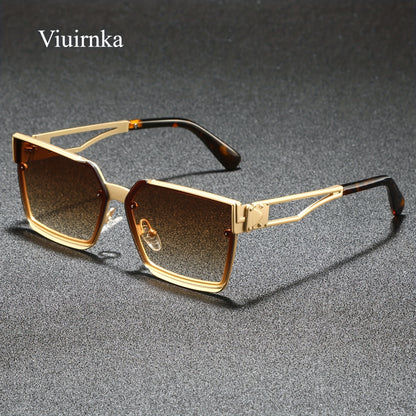 [Stylish Retro Sunglasses] Lightweight Stylish Retro Semi-Rimless Square Sunglasses, Blue Gradient PC Lenses with Zinc Alloy Frame, for Driving, Beach, Vacation, Travel & Cruise, Includes Protective Case