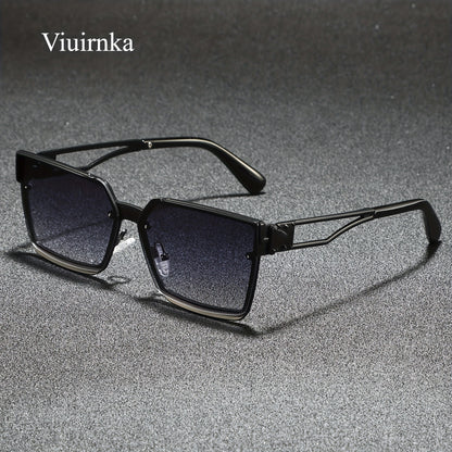 [Stylish Retro Sunglasses] Lightweight Stylish Retro Semi-Rimless Square Sunglasses, Blue Gradient PC Lenses with Zinc Alloy Frame, for Driving, Beach, Vacation, Travel & Cruise, Includes Protective Case