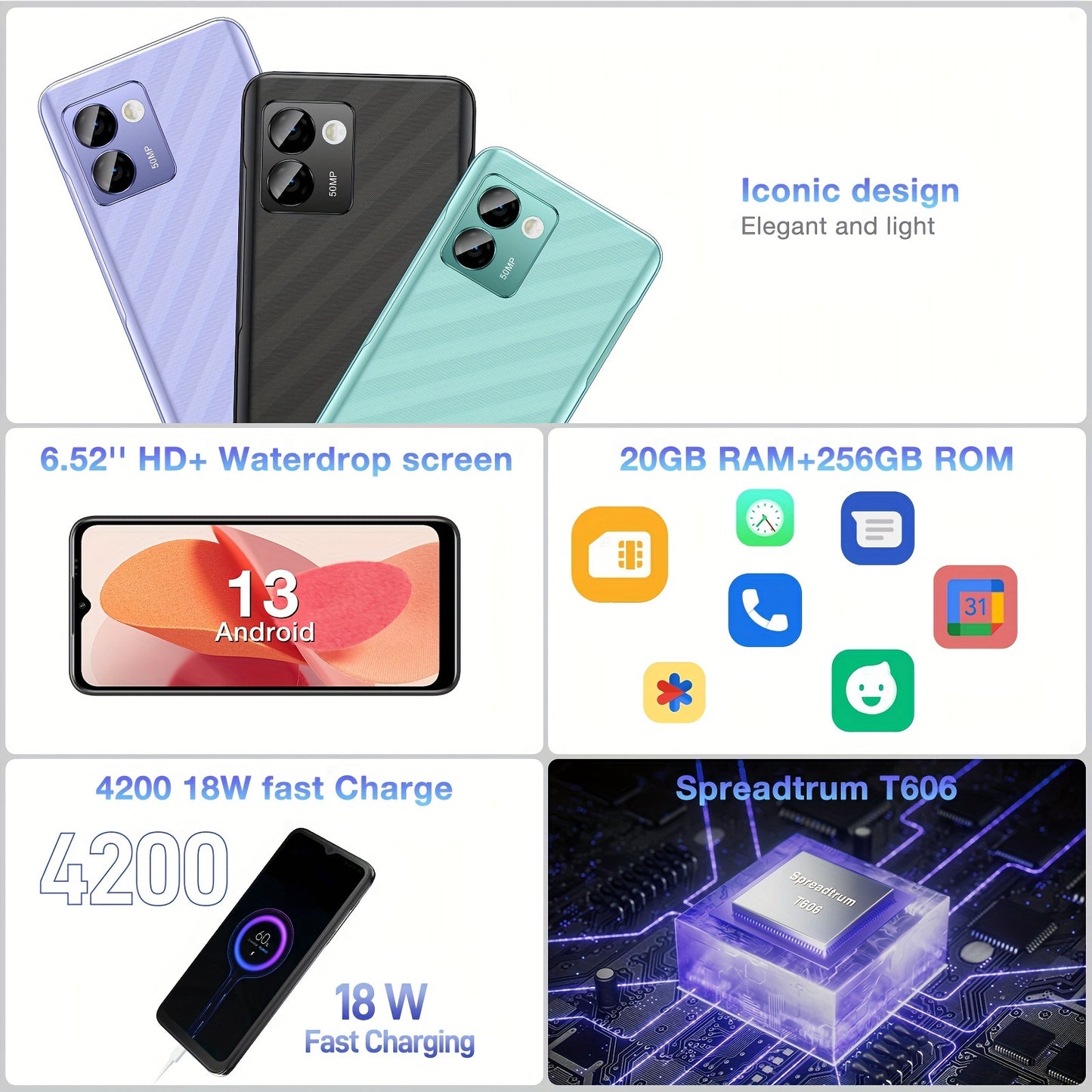 DOOGEE N50 Pro Mobile Phones, 20GB RAM + 256GB ROM/1TB TF Smartphone Android 13, Octa Core, 6.52" HD+ Smart Phone with 4200mAh, 50MP Camera, 4G Dual SIM, Face ID/Fingerprint