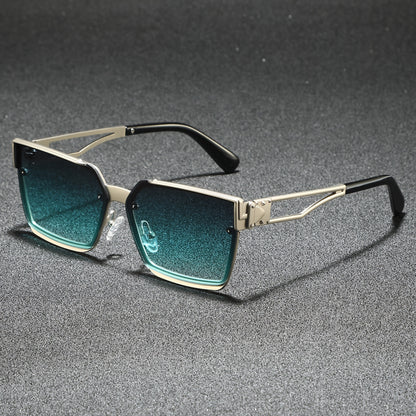 [Stylish Retro Sunglasses] Lightweight Stylish Retro Semi-Rimless Square Sunglasses, Blue Gradient PC Lenses with Zinc Alloy Frame, for Driving, Beach, Vacation, Travel & Cruise, Includes Protective Case